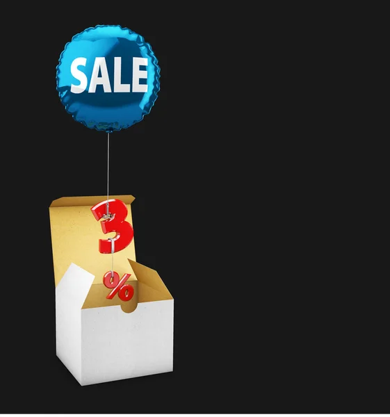 3D obrázek Otevřítpole a létající balón s tři procenta znamení, koncept prodeje pro obchody. izolovaná černá — Stock fotografie