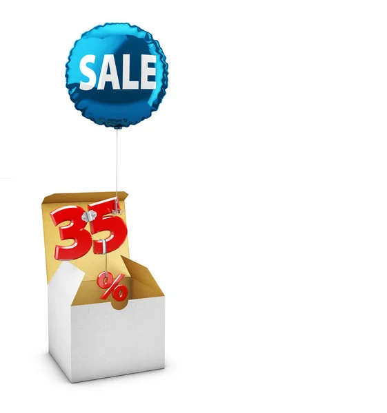 ΤοΆνοιγμαπλαίσιο και ιπτάμενο μπαλόνι με τριάντα πέντε τοις εκατό σύμβολο, έννοια της πώλησης για καταστήματα. 3D απεικόνιση — Φωτογραφία Αρχείου