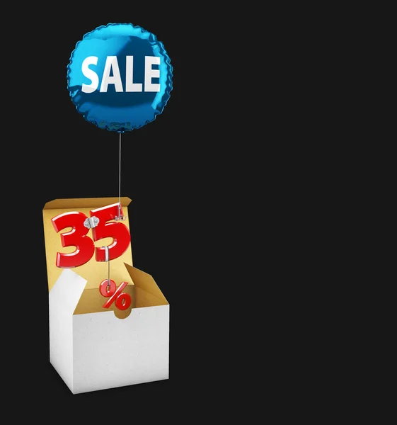 3d ілюстрація Відкрита коробка і літаюча куля зі знаком тридцять п'ять відсотків, концепція SALE для магазинів. Ізольовані чорні — стокове фото