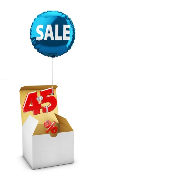 Öppna rutan och flygande ballong med Fyrtiofem procent tecken, begreppet försäljning för butiker. 3D illustration. — Stockfoto