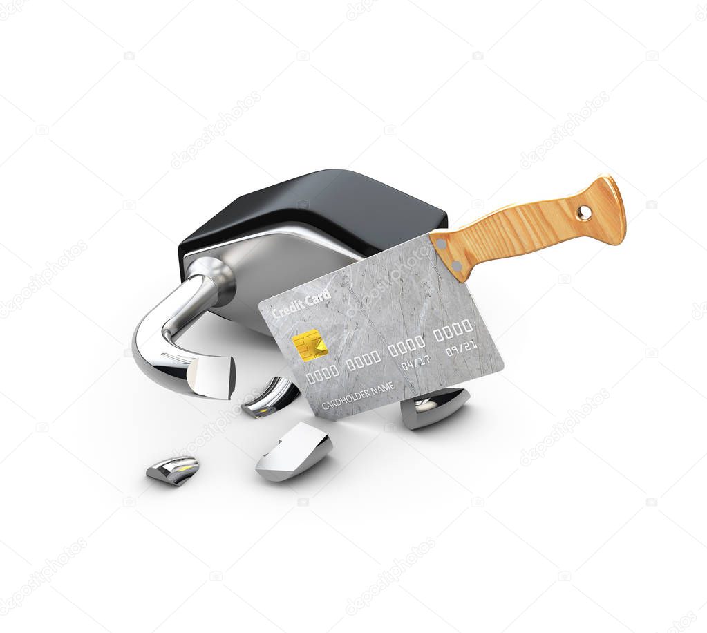 Broken lock and credit card in the form of a machete Isolated On White Background.