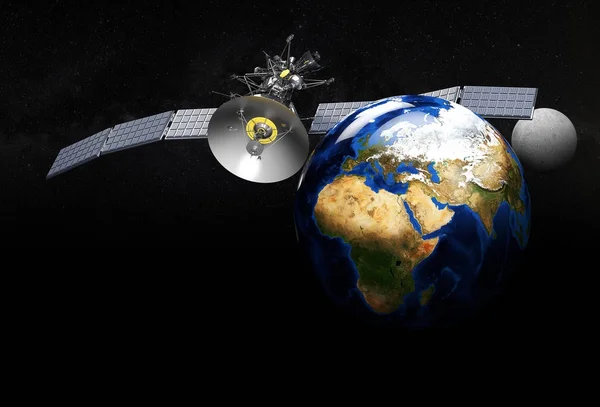 Satelliet in een baan om aarde. 3D illustratie, op zwarte achtergrond — Stockfoto