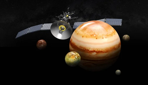 Satellit, der Jupiter umkreist. 3D-Illustration, auf schwarzem Hintergrund — Stockfoto