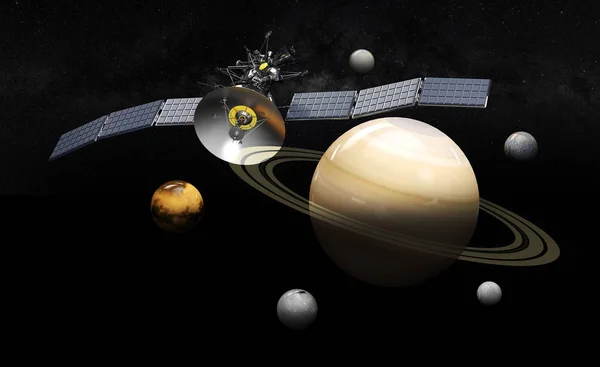Satélite orbitando Saturno. Ilustración 3D, sobre fondo negro — Foto de Stock