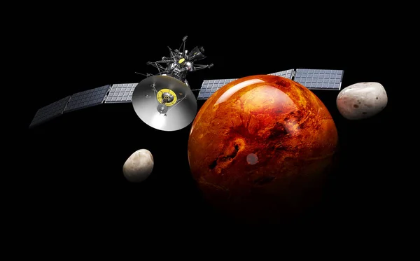 Satellit, der den Mars umkreist. 3D-Illustration, auf schwarzem Hintergrund — Stockfoto