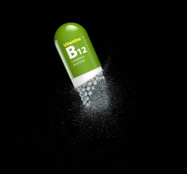 B12 minerale, capsula disciolta in vena, 3d Illustrazione, isolata nera — Foto Stock