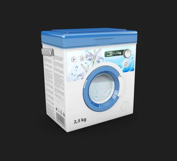 3D-Abbildung der Waschpulverbox-Werbung, Box in Form einer Waschmaschine — Stockfoto