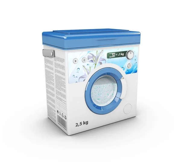 3D-Abbildung der Waschpulverbox-Werbung, Box in Form einer Waschmaschine — Stockfoto