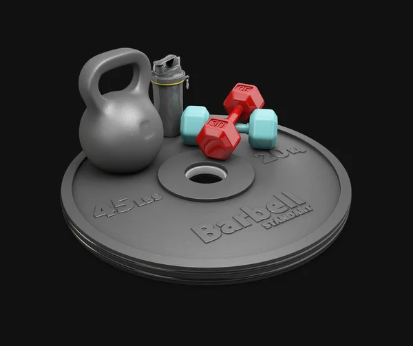 Hantel, Langhantel mit Gewicht und Shaker, isoliert schwarz, 3D-Illustration — Stockfoto