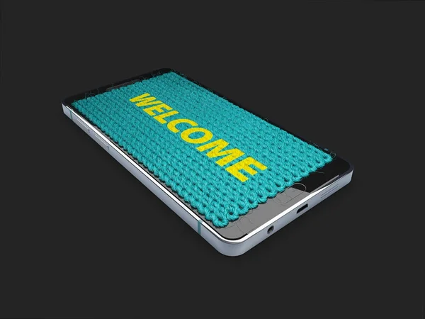 Ilustração 3d de smartphone no tapete de estilo com palavra bem-vindo, isolado preto — Fotografia de Stock