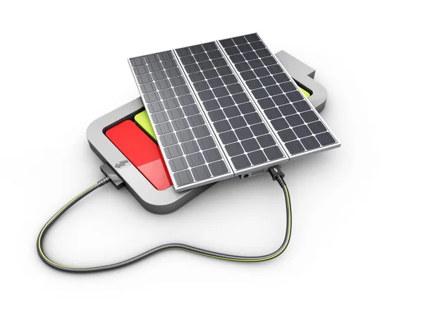 Sunbattery en batterij. Het ontwerpconcept van zonne-energie. 3D illustratie — Stockfoto