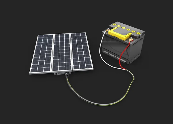 3d иллюстрация солнечной батареи зарядить аккумулятор. изолированный черный . — стоковое фото