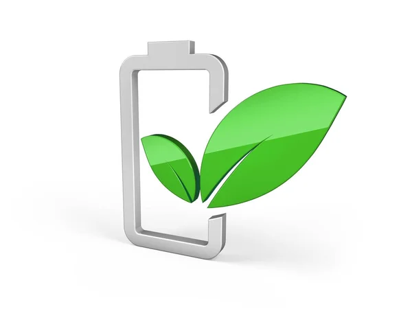 Batterij met groene blad - eco energieconcept. 3D illustratie — Stockfoto