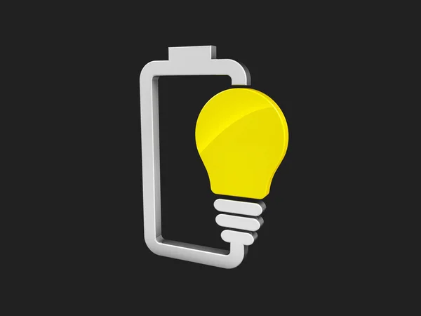 3d illustration of Battery with yellow lightbulb - eco energy concept. isolated black — Stock Photo, Image