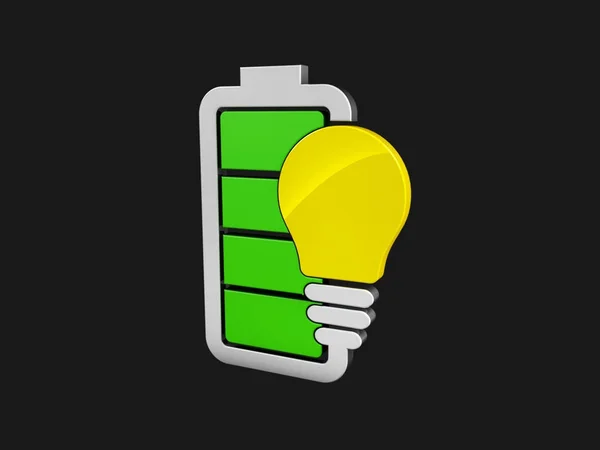 3d illustration of Battery with yellow lightbulb - eco energy concept. isolated black — Stock Photo, Image