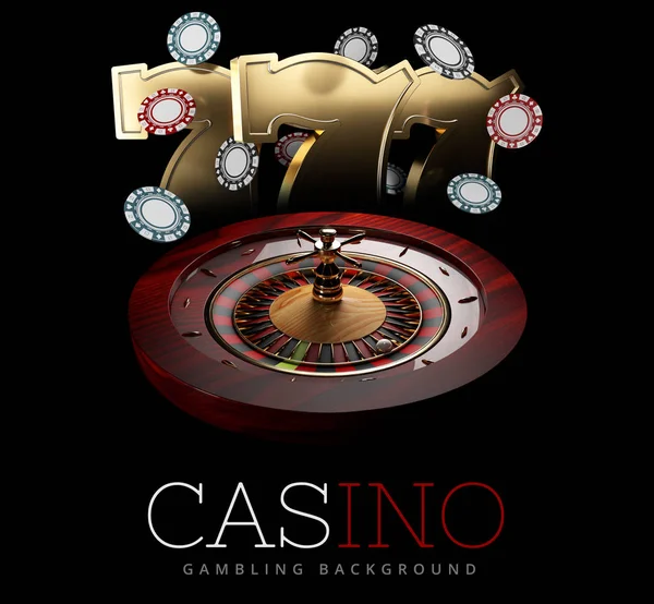 Rueda de ruleta de casino con una bola y una máquina tragaperras signos. negro aislado, representación 3D — Foto de Stock