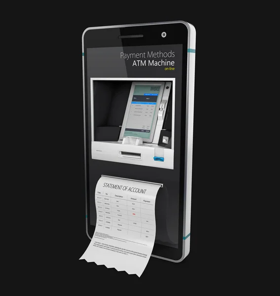 3D-Illustration des mobilen Online-Banking und Zahlungskonzepts. Smartphone als Geldautomat isoliert auf schwarzem Hintergrund — Stockfoto