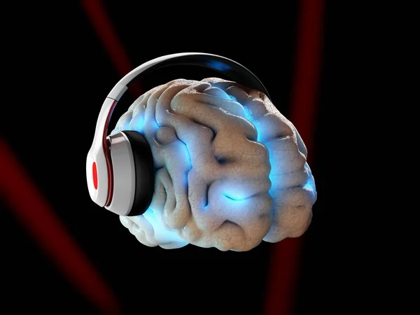 Cerebro humano con auriculares sobre fondo negro, ilustración 3D — Foto de Stock