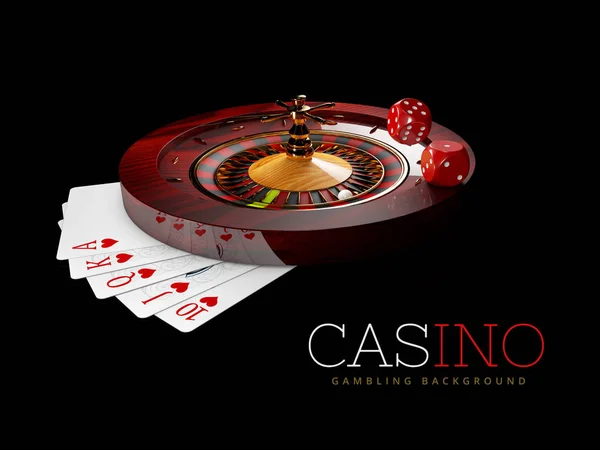 Casino Roulette-Rad mit Pokerkarten und Casino-Würfeln. isoliert schwarz, 3D-Darstellung — Stockfoto