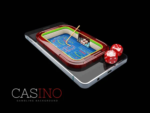 Smartphone mit Würfeln. Online Casino Konzept. isolierter schwarzer Hintergrund. 3D-Illustration — Stockfoto