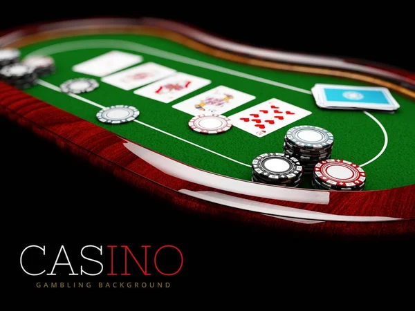 Mesa de póquer con una combinación de escalera de color y fichas de casino, Ilustración 3d — Foto de Stock