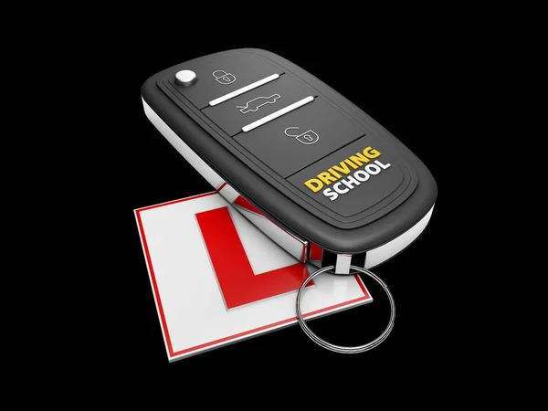 Car key on the white learner driver sign, isolated black, 3d Illustration — Stock Photo, Image