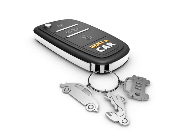 Autoschlüssel mit Schlüsselanhänger, Konzept Rent a Car, isoliert auf weiß, 3D-Illustration — Stockfoto