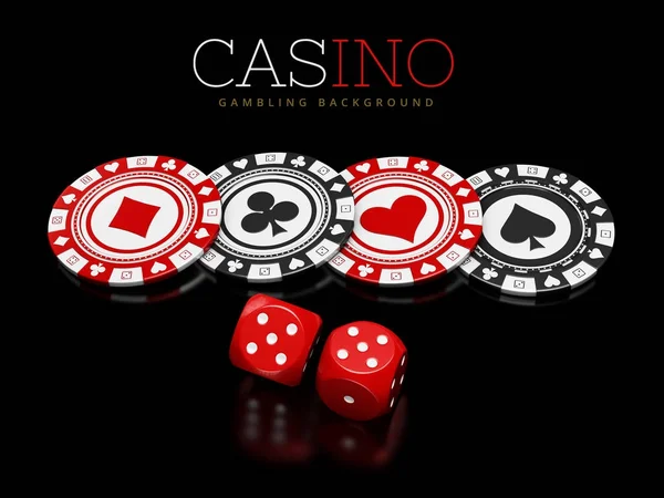 赌场筹码和骰子在黑色背景下, 3d 插图 — 图库照片