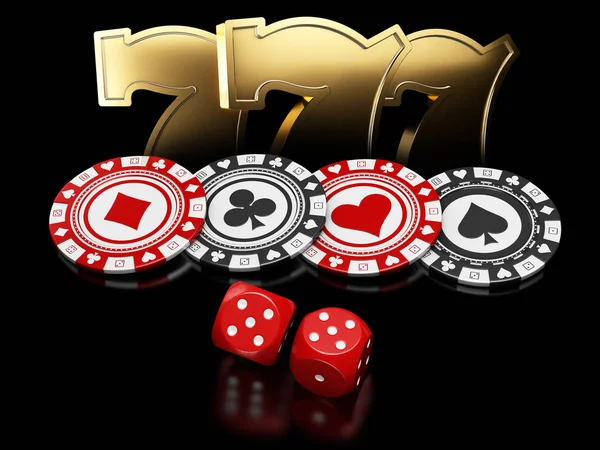 Casino fişi siyah arka plan, 3d çizim üzerinde zar ve slot makinesidir işaretleri — Stok fotoğraf