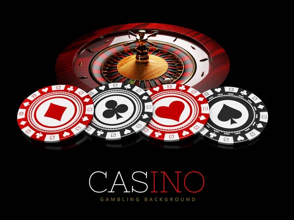 Casino chips and roulette on black background, 3d Illustration — Stock Photo, Image