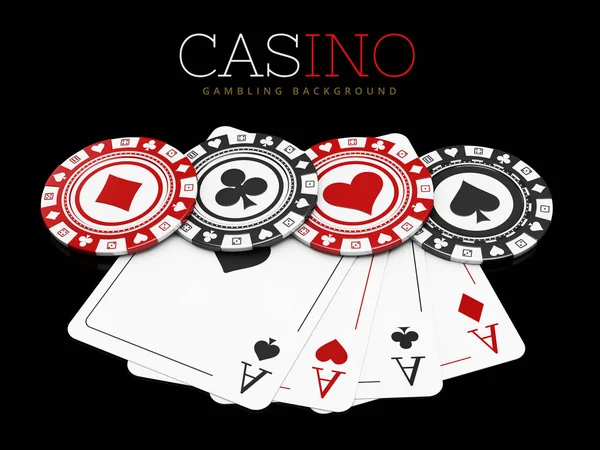 Casino fichas con cartas de póquer, sobre fondo negro, 3d ilustración — Foto de Stock