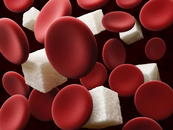 Сахар в крови. Клетка крови с кубиком сахара, 3d иллюстрация — стоковое фото