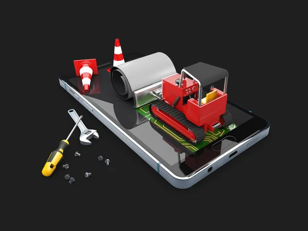 Bulldozer op het scherm. Concept Mobile repareren, geïsoleerde zwart, 3d illustratie — Stockfoto