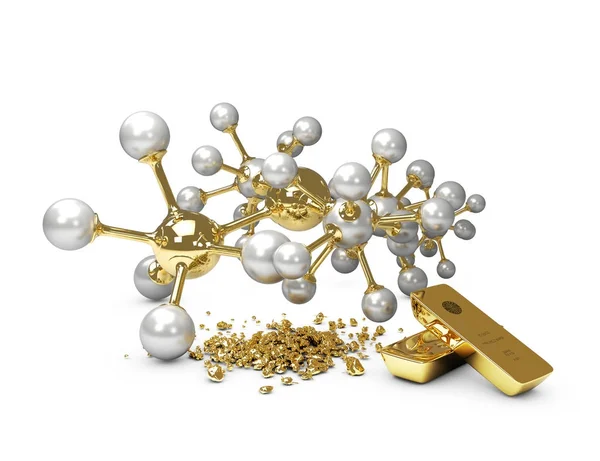 Altın külçeleri, altınla 3D molekül illüstrasyon izole beyaz — Stok fotoğraf