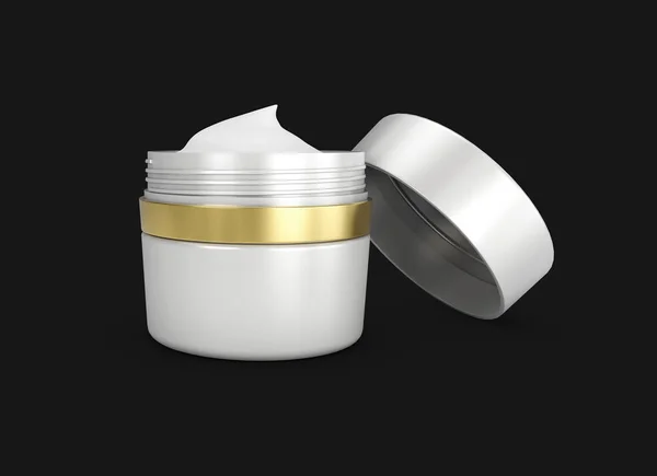 Illustrazione 3D di Elegante contenitore di crema aperto, modello di bottiglia cosmetica per crema o gel, isolato nero . — Foto Stock