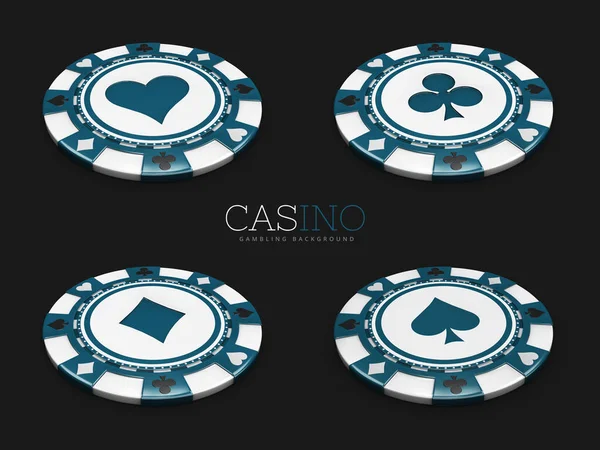 Chip de casino con trajes de tarjeta de fondo negro aislado. Ilustración 3d — Foto de Stock