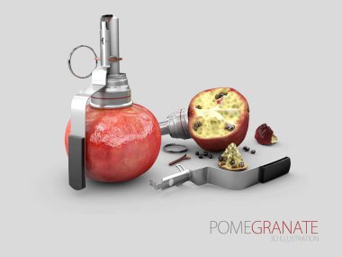 kırık nar el bombası, gri arka plan üzerinde izole 3D çizimi