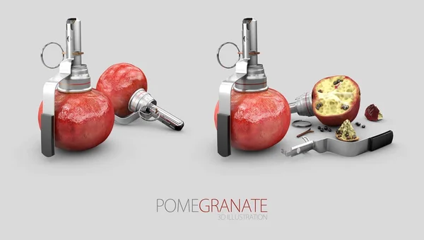 3d ilustração de romã e granada de romã rachado — Fotografia de Stock