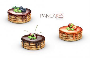 şuruplar ile Pancakes 3D illüstrasyon izole beyaz