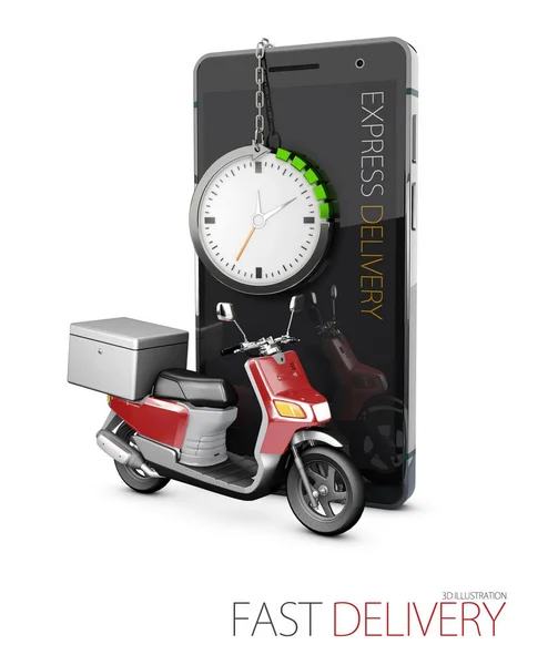 Ilustração 3d do serviço de motocicleta do passeio da entrega, ordem, transporte rápido e livre — Fotografia de Stock