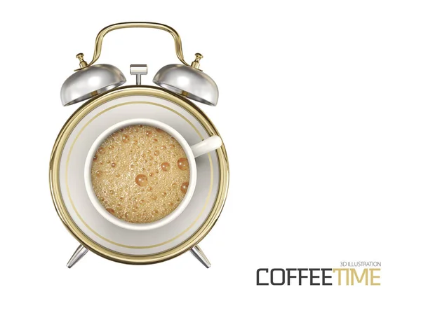 커피 컵 시간 시계 컨셉 디자인 배경, 3d 그림 — 스톡 사진
