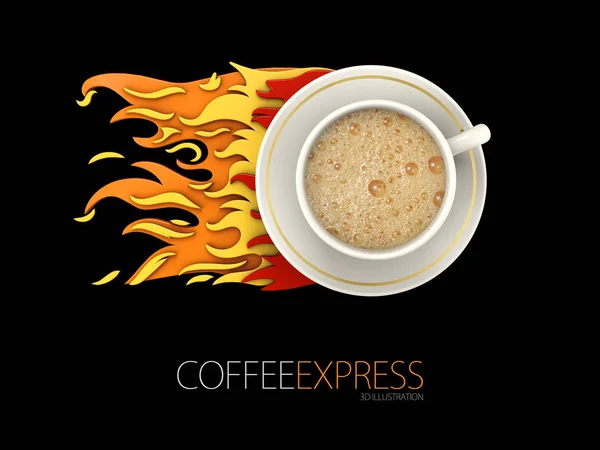 3d Illustration of coffee cup with flame on the back, coffee time concept, isolated black