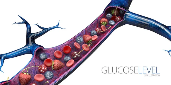 3d. 血糖水平或葡萄糖水平的图示。有水果和红血球的血管, 隔离的白色 — 图库照片