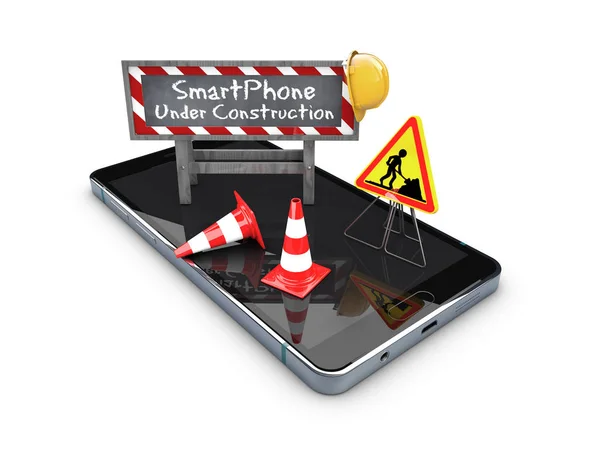 Ilustración 3d del teléfono móvil inteligente negro con signo de exclamación de precaución — Foto de Stock