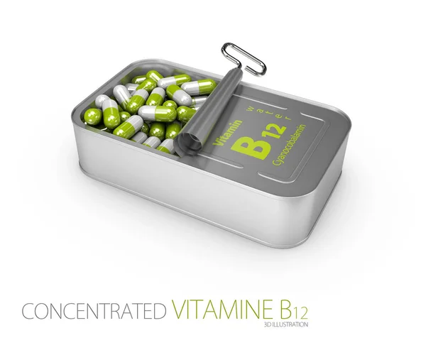 3d Illustrazione di vitamine b12, pillole nel barattolo — Foto Stock