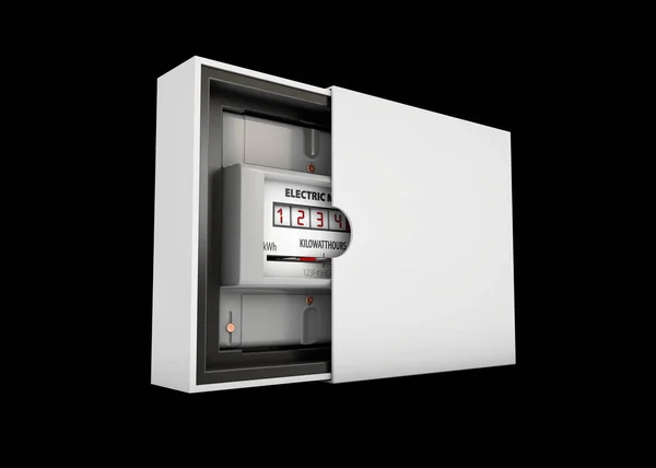 3D-Darstellung des Stromzählers im Kasten, isoliert auf schwarzem Hintergrund — Stockfoto