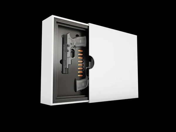 Pistolas negras en una caja, concepto Gunbox aislado negro, Ilustración 3d —  Fotos de Stock