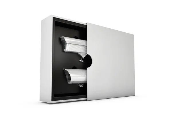Überwachungskameras im Karton, isolierte weiße 3D-Illustration — Stockfoto
