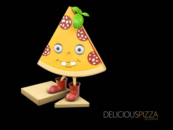 3D-s illusztráció szelet animálás friss pepperonis pizza, elszigetelt fekete háttér — Stock Fotó
