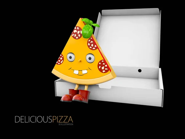 3d Ilustración de rebanada de pizza de pepperoni fresca animada, aislada sobre fondo negro — Foto de Stock